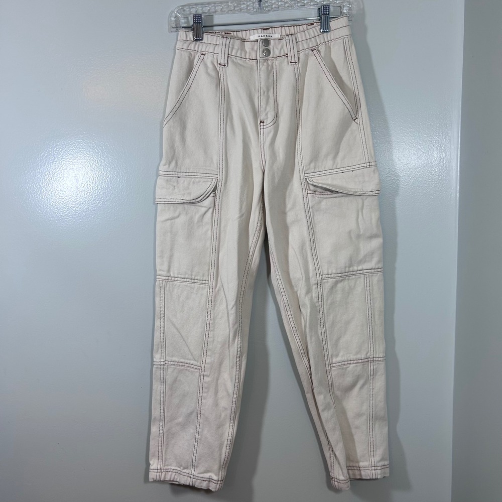 PacSun Womens Elastic Waist Cargo Pants Cream Denim Contrast Stitch Small